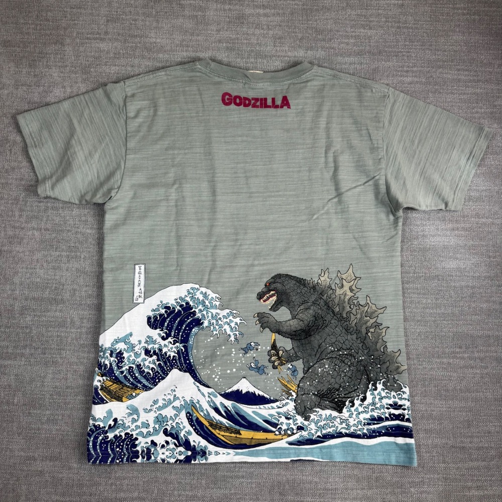 Godzilla Great Wave Off Kanagawa Graphic T-Shirt Grey XXL Sci-Fi Japanese Fuji